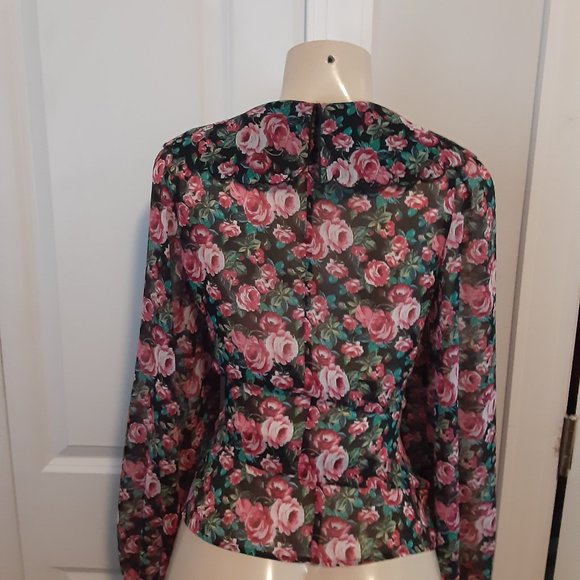 Zara Dark Floral Rose Front Lace Up Corset Top Chiffon Billowing Long Sleeves - Picture 6 of 11